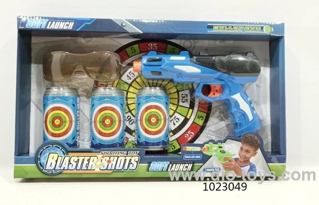 soft bullet gun with dart in window box