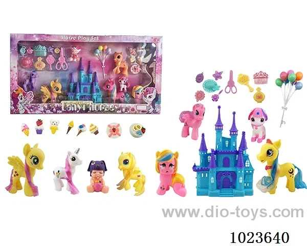 rubber horses with cying doll in window box