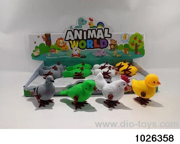 Wind up pigeons / parrots / roosters / chicks, 4 models in display box