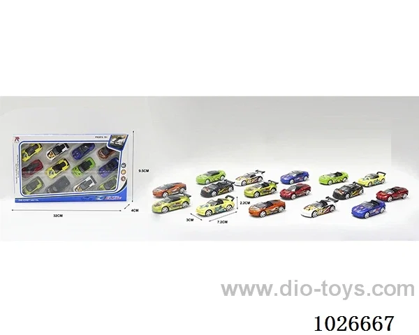 1:68 12pcs free wheel alloy car 16sets&8color mixed loading in window box