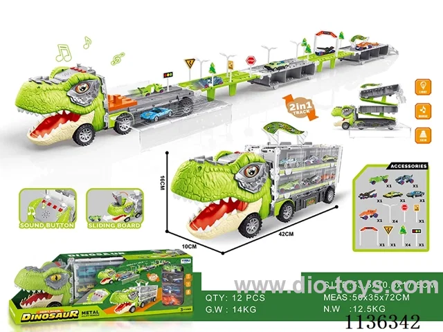 Folding track car with light and music dinosaur (with 2 scooting alloy cars and 4 plastic scooting small dinosaur cars))