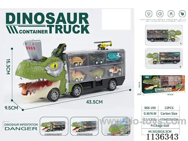 Dinosaur Storage Truck (Dinosaur Truck with Lights & Music Gliding, with 2 x Gliding Alloy Cars & 4 x Pull Back Dinosaur Cars)