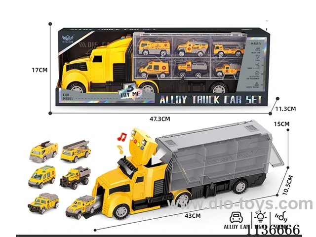 Engineering long head cargo car+Yellow fire engine series alloy cars