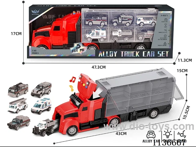 Fire engine long head cargo car+Police car series alloy cars