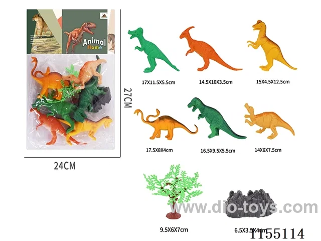 6 dinosaurs 6 + 1 tree + 1 stone