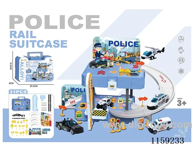 Storage Alloy Police Car Parking Tote Bag (with 1 gold car + 1 set of road markings 31 PCS)