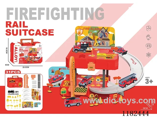 Storage Alloy Firefighting Parking Lot Tote Bag (with 1 Gold Car) (with 1 set of road markings) (31 PCS)