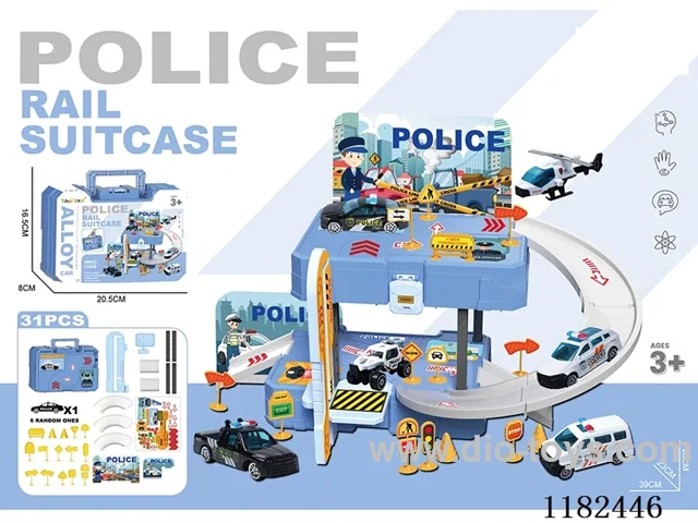 Storage Alloy Police Car Parking Lot Tote Bag (with 1 gold car) (with 1 set of road marking) (31 PCS)