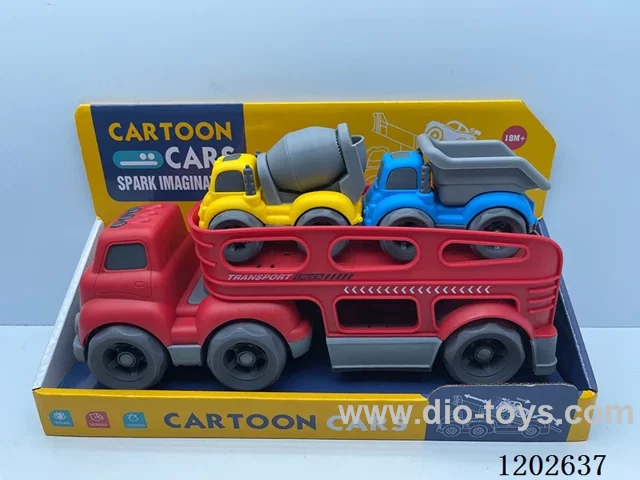 Lights & Sounds-Skidding Tractor-Trailer Transportation Vehicle (w/2 Mixers + Dumpers)