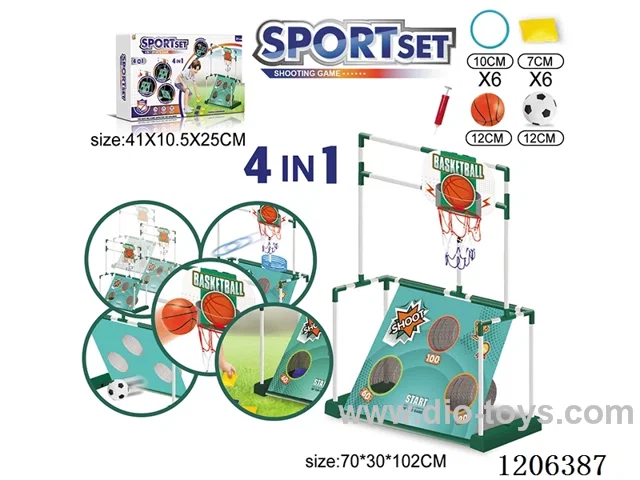 Mobile soccer goal + throwing sandbags + basketball + hoop 4 in 1