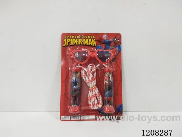 Spider-Man jumps rope with glasses.