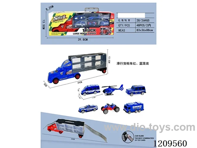 Free wheel container truck with 4PCS free wheel AB police car +1 airplane +1 free wheel beach motorcycle.