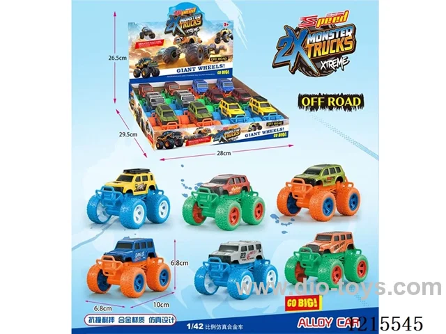 12 alloy inertia cars with big wheels, 6 models mixed.