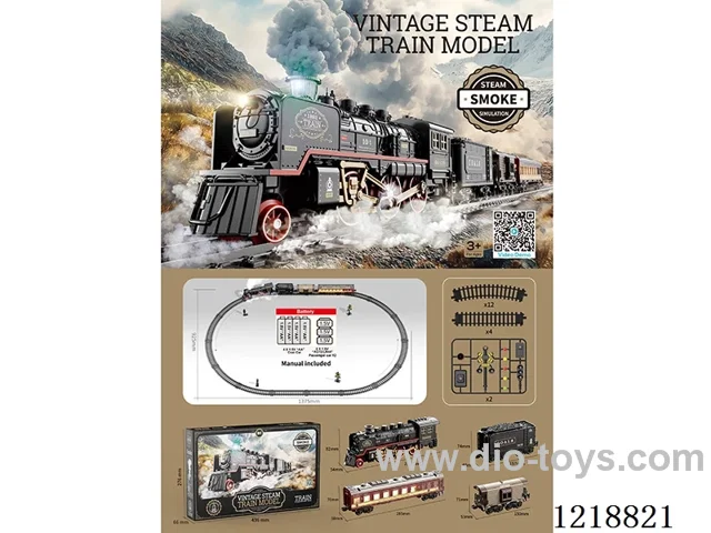 Vintage Steam Train Model(1 car + 1 coach light car + 1 coal car + 1 dining car + 12 curved rails + 4 straight rails + 48 locks + 2 traffic lights)