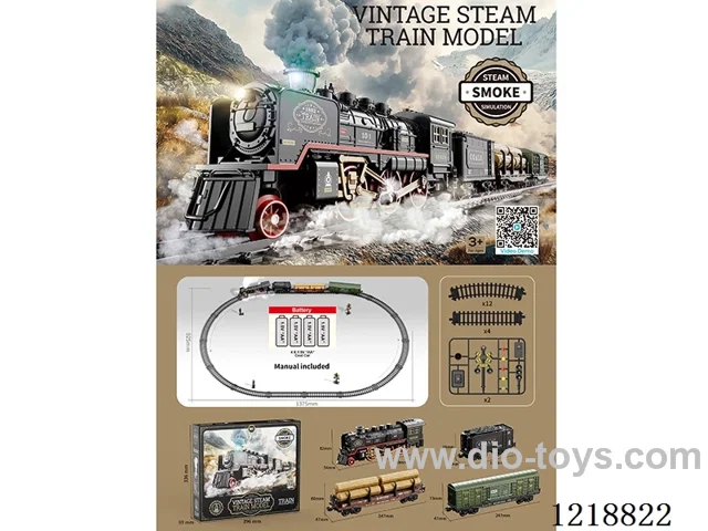 Vintage steam train model (1 car + 1 coal car + 1 freight car + 1 wooden car + 12 curved rails + 4 straight rails + 48 locks + 2 traffic lights)