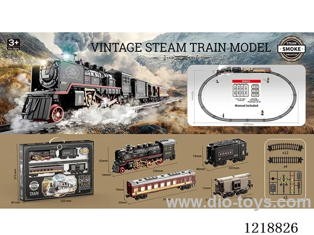 Vintage Steam Train Model(1 car + 1 coach light car + 1 coal car + 1 dining car + 12 curved rails + 4 straight rails + 48 locks + 2 traffic lights)
