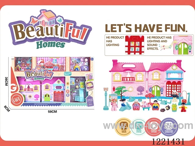 Block Man Villa set(with lighted doorbell/dog sound included 3*AG13, colorful chandelier included 3*AG13)