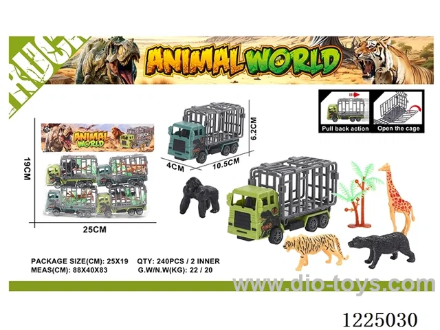 4PCS Dinosaur Pull Back Cage Car + 1 Animal/1 Tree