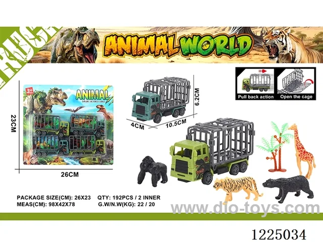 4PCS Dinosaur Pull Back Cage Car + 1 Animal/1 Tree