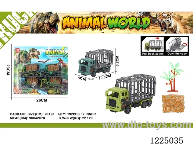 4PCS Dinosaur Pull Back Cage Car + 1 Fossil/1 Tree