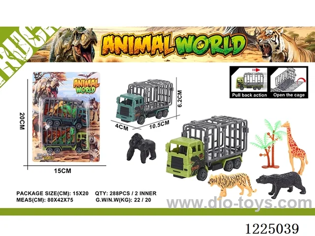 2PCS Dinosaur Pull Back Cage Car + 1 Tree/1 Animal