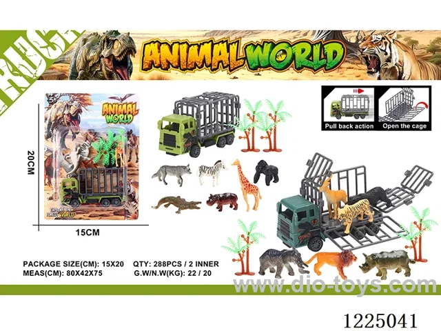Dinosaur Pull Back Cage Car + 2 Tree/6 Animals