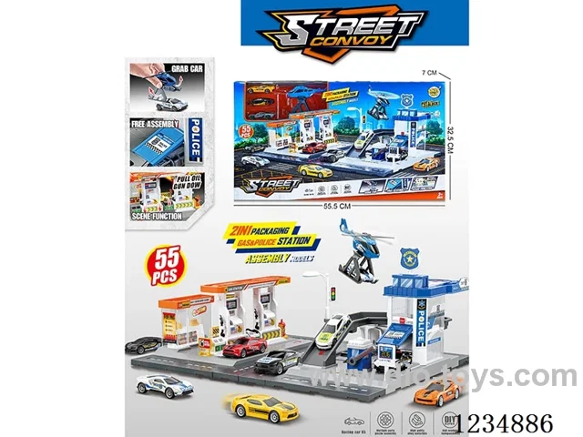 City gas station police station set with 3 alloy cars (parking lot)