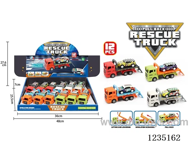 (GCC) Pull Back Trailer Carrying Pull Back Tin Car 4 Types Mixed (12PCS)
