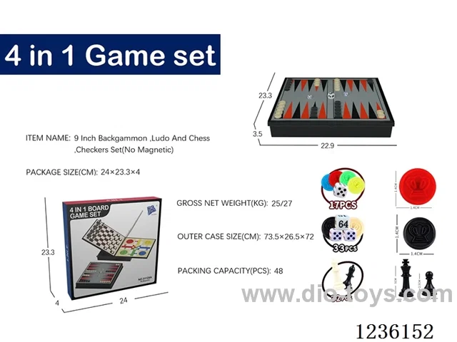 4-in-1 Backgammon, Chess, Flying Chess, Checkers (Magnet-Free, Small)