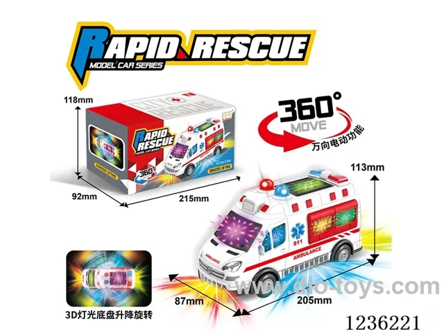 B/O universal lifting rotating ambulance with 3D lighting alarm sound (3*1.5AA)not included battery.