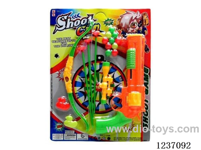 Bow and arrow + ping pong gun + duck