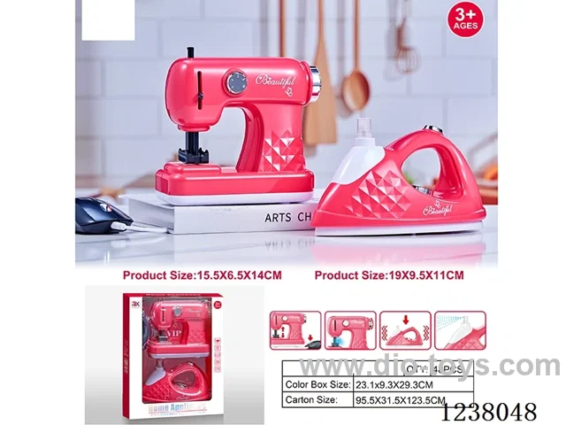 Home Appliances set-sewing machine: light/simulated action; Iron: water spray/vibration -2AA+2AA not included