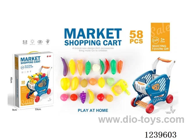Blue Shopping Cart with Fruits and Vegetables