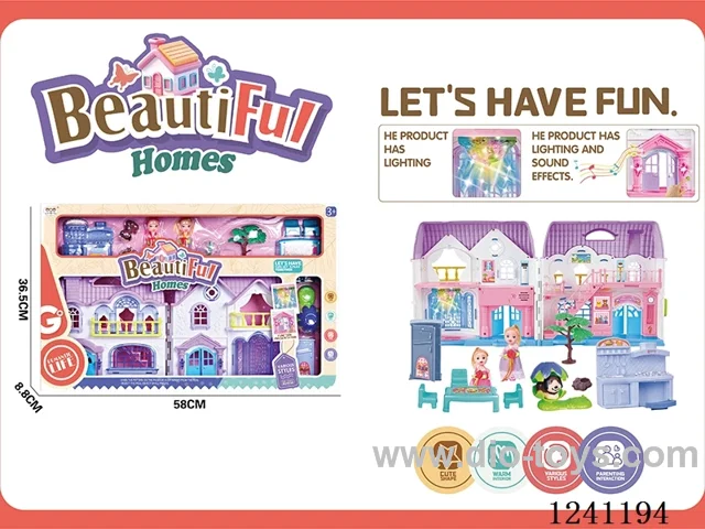 Villa set (with light/doorbell dog sound-2*AA not included, colourful chandelier includes 3*AG13)