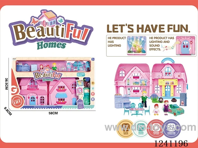Villa set (with light/doorbell dog sound-2*AA not included, colourful chandelier includes 3*AG13)