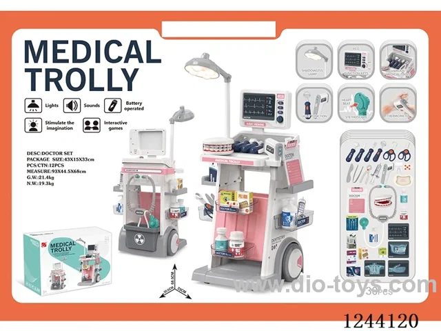 30PCS Dental medical trolley set (W L/M 2*AG10+2*AG13 battery included, 4*AAA+2*AA battery not included) Pink