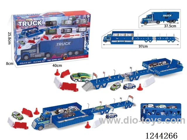 Container Car Police Scene Storage and Ejection (with 6PCS metal pull back car + 15 road signs and barricades + 1 DIY sticker)