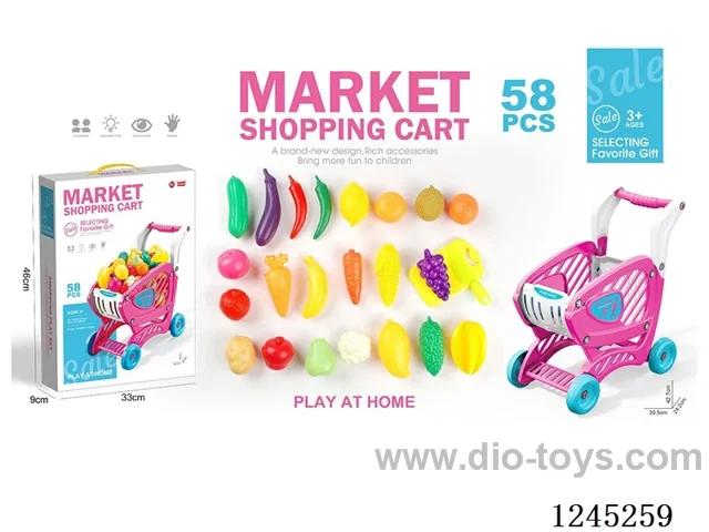 Pink shopping trolley with fruits and vegetables