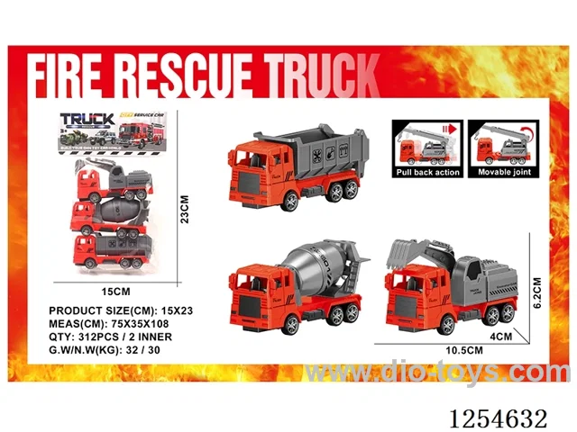 3PCS pull back Fire Engineering Vehicles