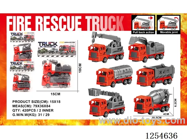 2PCS pull back Fire Engineering Vehicles 3 mixed