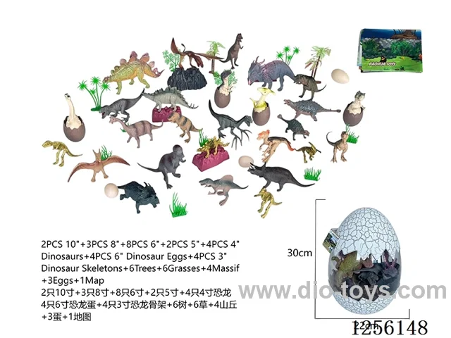 2PCS 10-inch + 3PCS 8-inch + 8PCS 6-inch + 2PCS 5-inch + 4PCS 4-inch Dinosaurs + 4PCS 6-inch Dinosaur Eggs + 4PCS 3-inch Dinosaur Skeletons + 6 Trees + 6 Grasses + 4 Hills + 3 Eggs + 1 Map