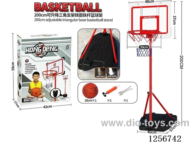 2m Red Acrylic Height-Adjustable Triangular Stand with Wheels, Iron Rim & Pole Basketball Hoop (30cm rim diameter)