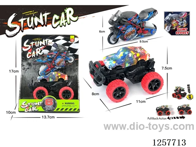 pull back Collision Deformation Car + Flintstone Motorcycle (3-Model Mixed Pack)