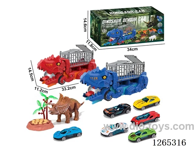 Dinosaur swallowing transportation vehicle with 3 alloy free wheel cars set