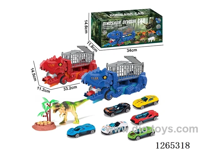 Dinosaur swallowing transportation vehicle with 3 alloy free wheel cars set