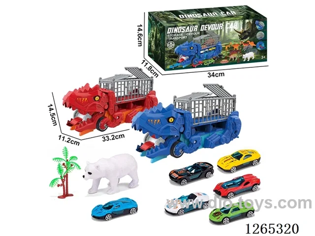 Dinosaur swallowing transportation vehicle with 3 alloy free wheel cars set