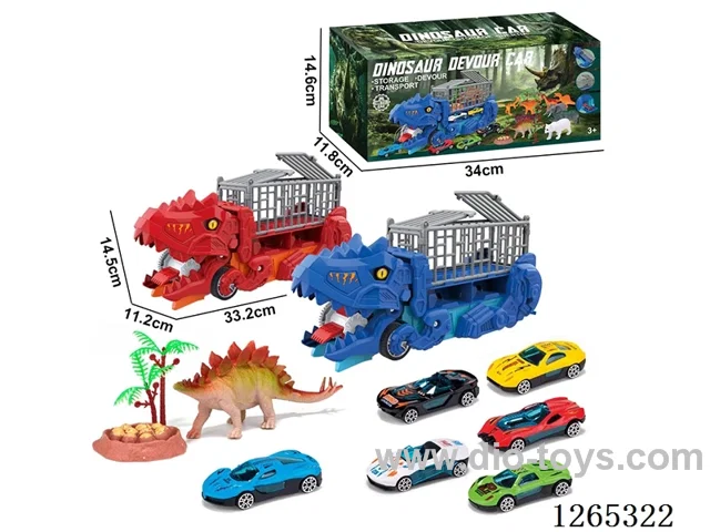 Dinosaur swallowing transportation vehicle with 3 alloy free wheel cars set