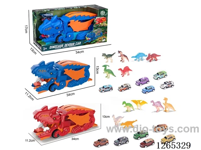 Dinosaur swallowing transportation vehicle with 3 alloy free wheel cars set
