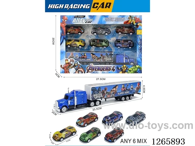free wheel alloy Container truck + 6PCS pull back tin cars