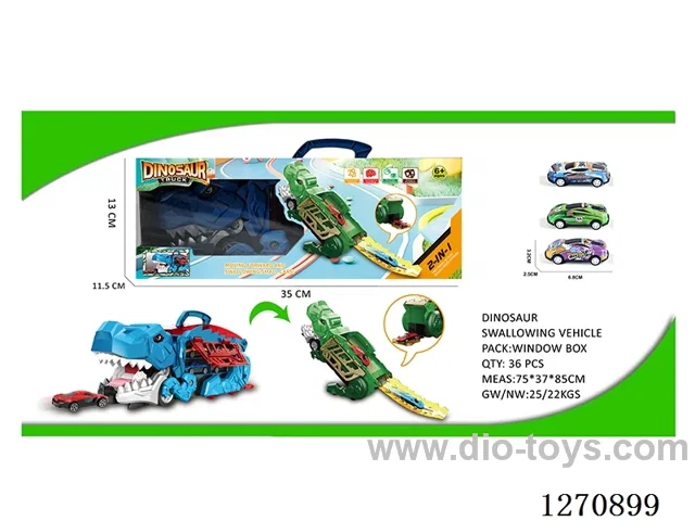Large Dinosaur Swallowing Car with 3 Metal Cars